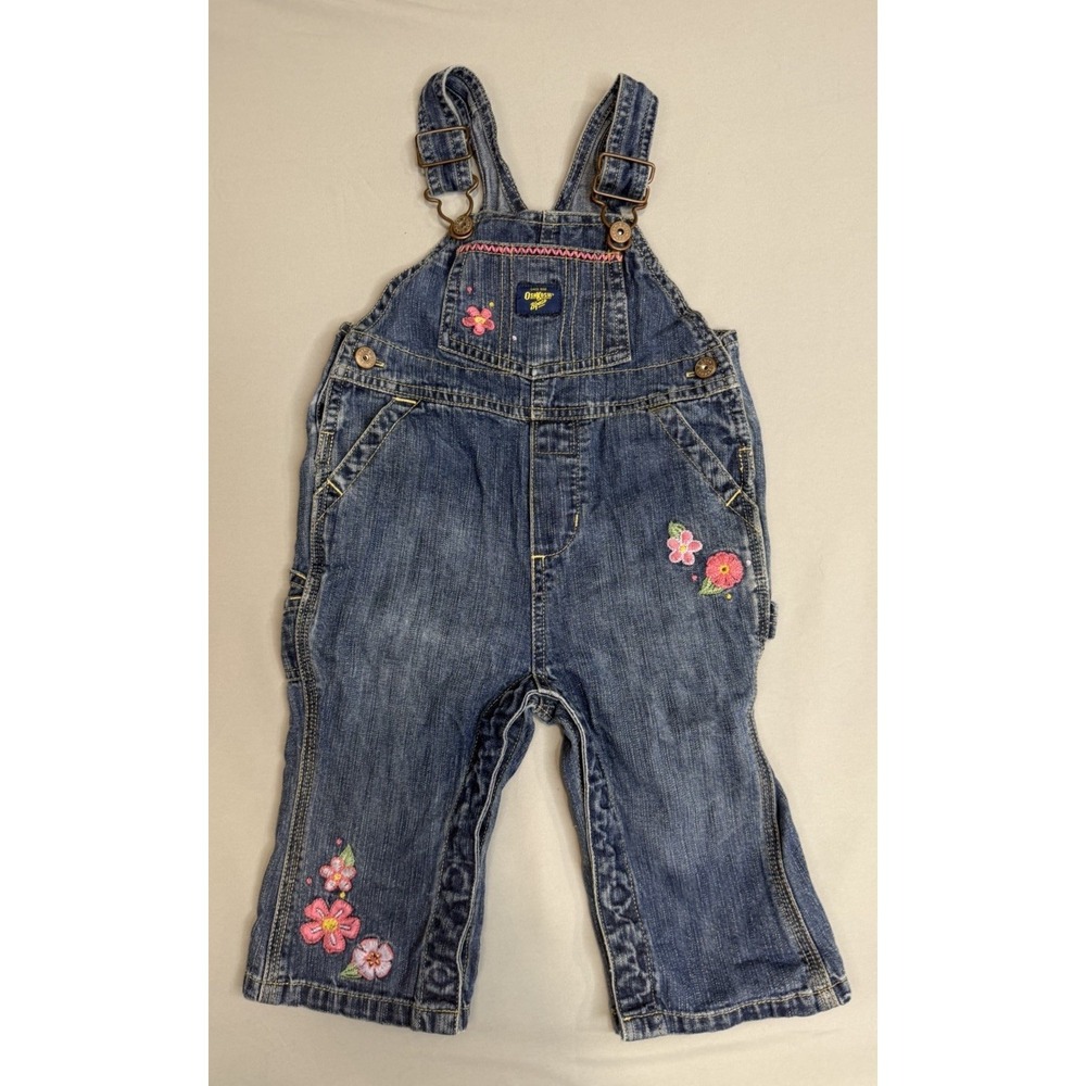 Osh Kosh B'gosh Jean Overalls 12 Mth Bib Vestback Nature Flora Denim embroidered